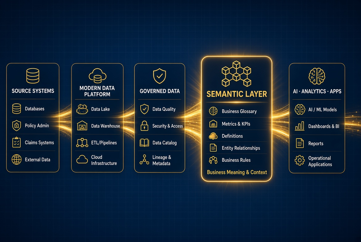 Architecture from source systems through modern data platform, governed data and semantic layer to AI, analytics and applications