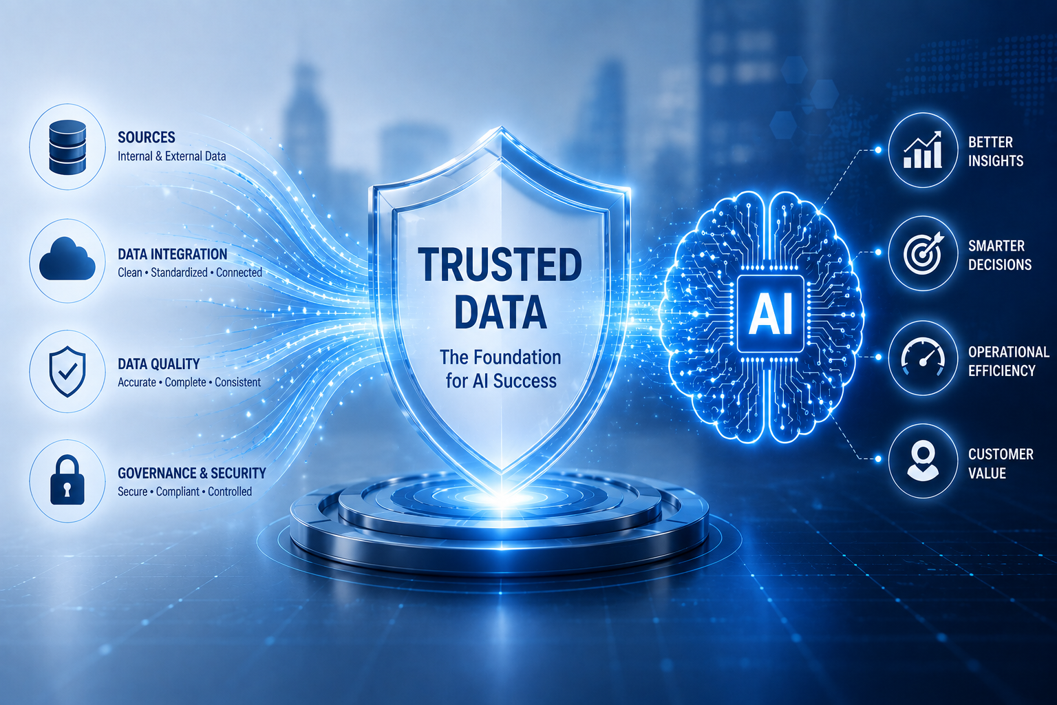 Trusted data shield connecting data sources, integration, quality, and governance to better insights and decisions