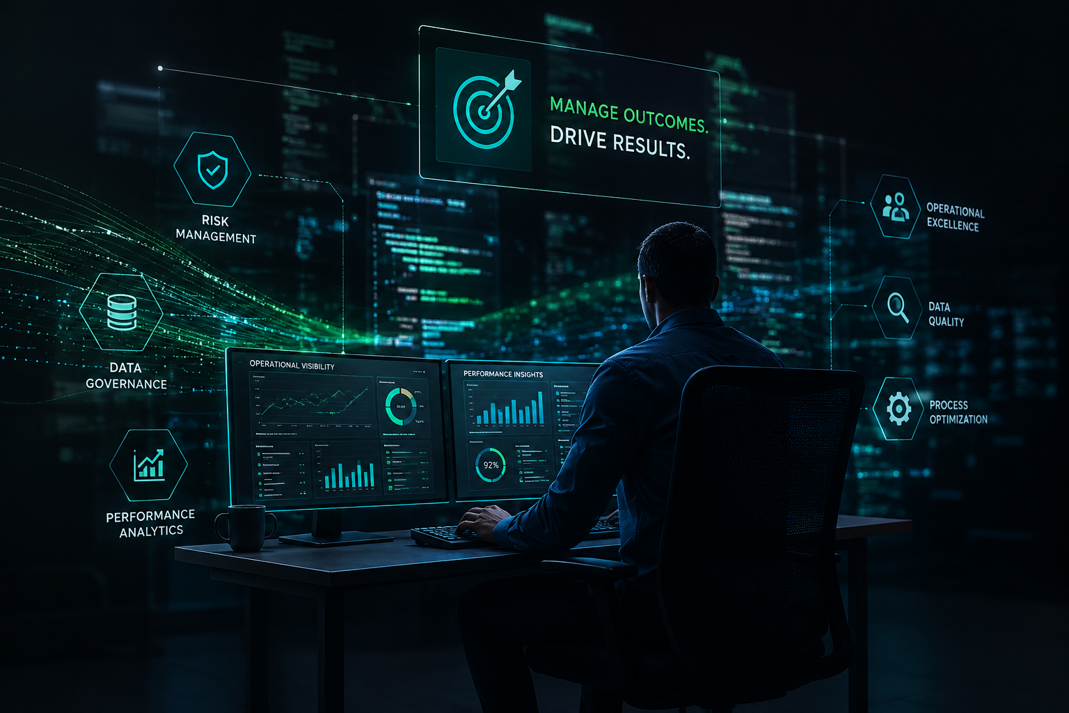 A professional reviewing operational visibility and performance insights dashboards, surrounded by icons for risk management, data governance, performance analytics, operational excellence, data quality, and process optimization